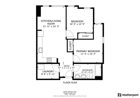 Floor plan for 2 beds, 1 bath, 712 sqft
